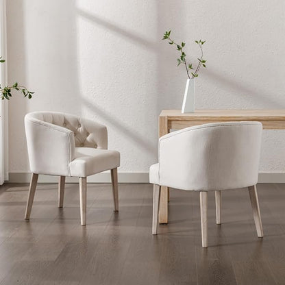 HEAH-YO Modern Dining Chairs Set of 2, Tufted Dining Room Chairs with Barrel Backrests, Upholstered Linen Kitchen Chair for Dining Room, White