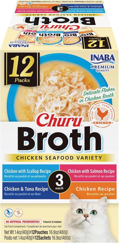 INABA Churu Broth for Cats, Side Dish Pouch, 1.4 Ounces per Pouch, 12 Pouches, Chicken & Seafood Variety