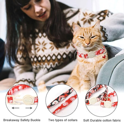ARING PET 2 Pack Valentine's Day Cat Collars-Cute Heart Cat Collar Breakaway with Bell&Pendant, Adjustable Valentine Kitten Collars with Safety Buckle for Girl and Boy Cats