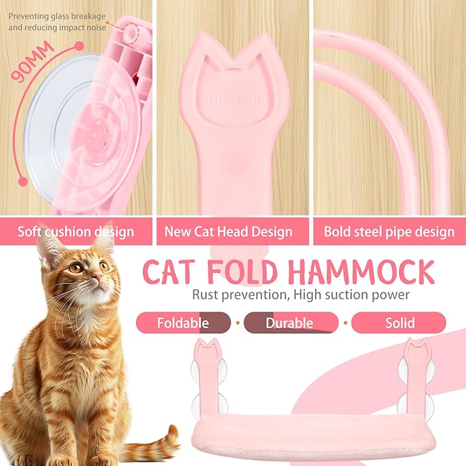 Cat Window Hammock 2-Pack,Foldable Cat Perch with Suction Cups & Metal Frame,Holds up to 40 lbs - Durable & Secure for Cats,Features 2-Sided Cushion & Easy Storage for Sunny Lounging(Pink)