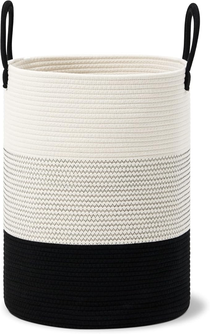 VIPOSCO Large Laundry Hamper, Tall Woven Rope Storage Basket for Blanket, Toys, Dirty Clothes in Living Room, Bathroom, Bedroom - 100L White & Black