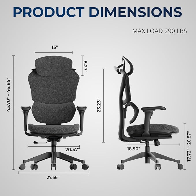 Ergonomic Office Chair – Computer Chair with Divided Tilted Back, Adjustable Armrests & Soft Seat – Holds Up to 290bs (Gray)