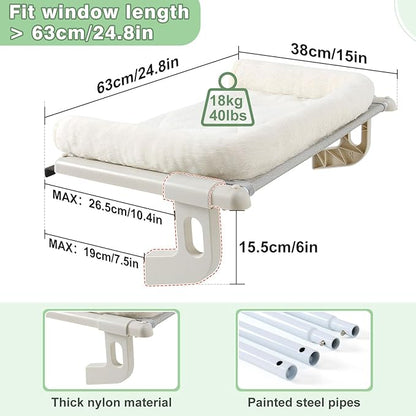 Sunhoo Cat Window Perch Hammock Sturdy Windowsill Bed Seat for Large Cats No Drilling No Suction Adjustable Kitty Shelf with Washable Cover Easy Assembly Holds up to 40 lbs 24.8 * 15 in (White, L)