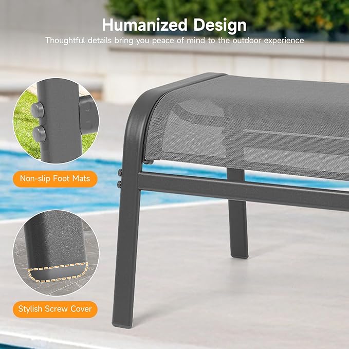 ONBRILL Outdoor Ottoman Set of 2, All Weather Outdoor Foot Stool with Supportive Textliene and Metal Frame, Stackable Oversized Outdoor Foot Rest for Furniture Patio Garden Pool, Grey