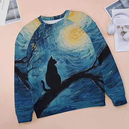 Long Sleeve Shirts for Women Cat Oil Painting Shirt 3D Graphic Sweatshirts Fall Pullover Crewneck Vintage Boho Tops