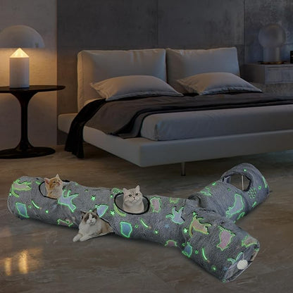 Cat Tunnels for Indoor Cats, Self-Luminous Cat Tunnel with Plush Ball, 3 Way Kitten Tunnel Collapsible, Cat Play Tunnel with Interactive Peephole for Large Cat, Puppy, Kitten
