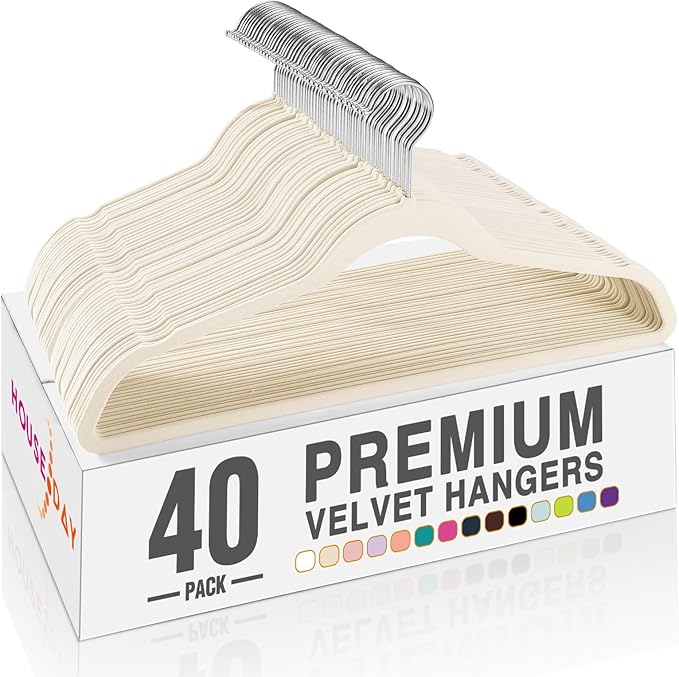 HOUSE DAY Ivory Velvet Hangers 40 Pack, Non Slip Clothes Felt Hanger Heavy Duty for Coat, Premium Slim Space Saving Suit Hangers for Closet Organizer, 360° Rotating Silver Hook