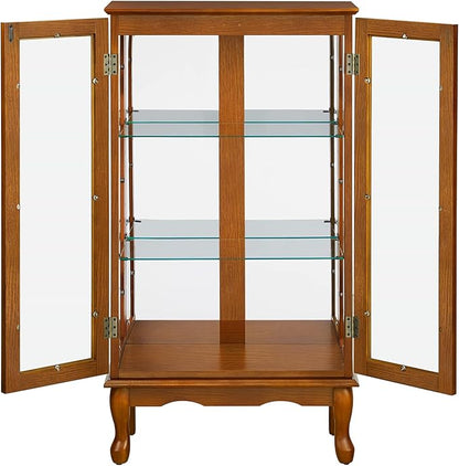 Goujxcy Lighted Curio Cabinet, Modern Floor Standing Glass Curio Cabinet Display Case Cabinet with Adjustable Shelves, Mirrored Back Panel and Tempered Glass Doors for Home/Office (Oak)