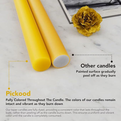 New Burning Formula Unscented Dripless 10-Inch Taper Candles Set of 12 - Lemon, for Wedding, Dinner - Smokeless, Long Burning - Hand Poured, Colored Tall Candlesticks - Limón