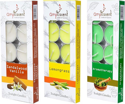 TeaLights Candles I Sandalwood Vanilla + Aromotherapy + Lemongrass I Pack of 3-30 Premium Tealights I Long-Lasting Aroma | for Home Decor, Meditation, Christmas & Holiday Gifts