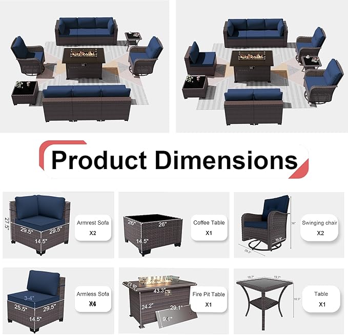 Kurapika 11 Pieces Patio Furniture Set, Rattan Wicker Outdoor Conversation Sets w/43in Propane Fire Pit Table, Swivel Rocking Chairs Patio Sectional Sofa w/4" Cushion, Navy Blue