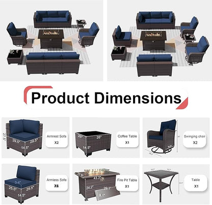 Kurapika 11 Pieces Patio Furniture Set, Rattan Wicker Outdoor Conversation Sets w/43in Propane Fire Pit Table, Swivel Rocking Chairs Patio Sectional Sofa w/4" Cushion, Navy Blue