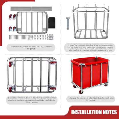 Commercial Laundry Cart with Wheels, 11.35 Bushel Large Rolling Laundry Hamper with Removable Waterproof Canvas Lining Basket, Heavy Duty Stainless Steel Rolling Hampers for Hotels & Hospital