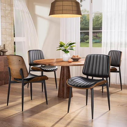 Dining Chairs Set of 2, FSC Certified Mid Century Modern Dining Room Kitchen Chairs, Upholstered PU Leather Vertical Stripe Chairs for Vanity with Walnut Bentwood and Metal Legs, Black