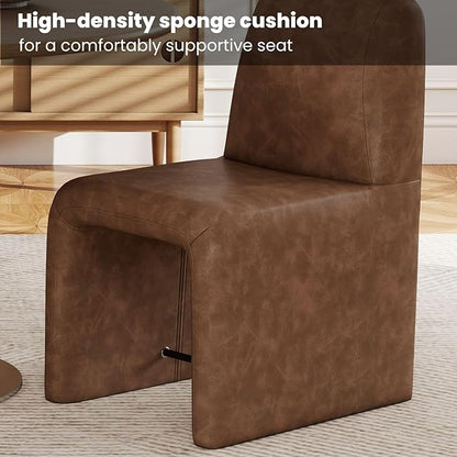 Brown Upholstered Leather Dining Chairs Set of 4, Mid Century Modern Dining Room Chairs with Deep Seat & Curved Back, Armless Side Chair Comfy Kitchen Chairs for Living Room/Kitchen
