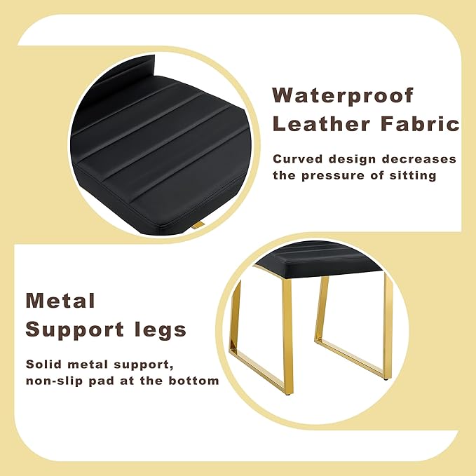 Modern Dining Chairs Set of 4, White Faux Leather Kitchen Chairs, Upholstered Armless Dining Room Chair with Gold Mental Legs Heavy Duty, Comfortable (Black and Gold, Set of 4)