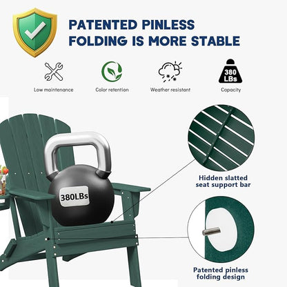 Plawdlik Folding Adirondack Chair, SGS Tested, Wooden Textured with Cup Holder, Heavy All-Weather HDPE Comfortable Set Poolside Backyard Lawn Green Set 4