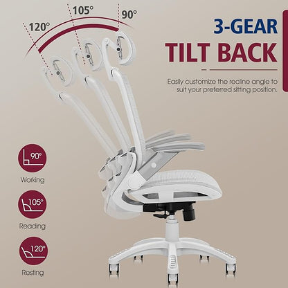 GABRYLLY Ergonomic Office Chair, High Back Home Desk Chair with Headrest, Flip-Up Arms, 90-120° Tilt Lock and Wide Cushion, 400LBS Mesh Chairs for Man Woman, White Task Chair(Grey,GY01WG)