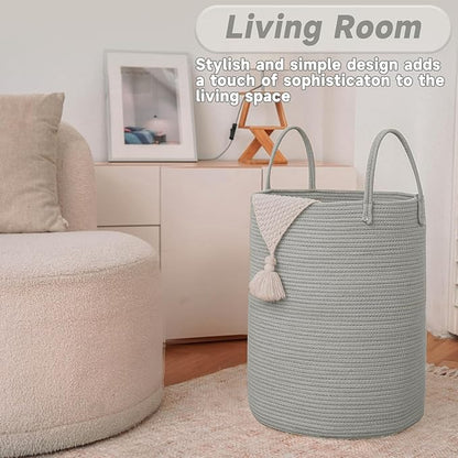 Large Woven Laundry Basket Hamper,80L Cotton Rope Storage Bin for Blankets,Toys and Clothes,Decorative Tall Nursery Hamper for Living Room,Baby Nursery,Bathroom and Bedroom,Grey