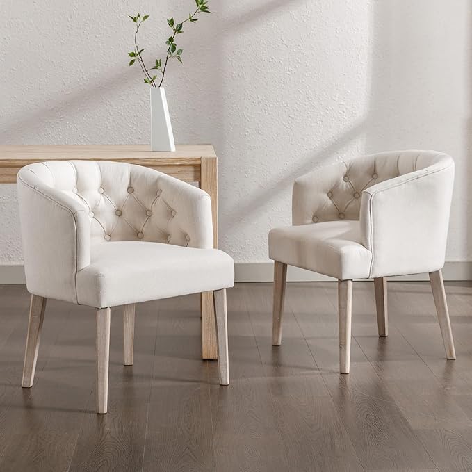 DUOMAY Modern Tufted Dining Chairs Set of 2, Linen Upholstered Side Chair, Comfy Accent Barrel Chair with Wood Legs for Home Kitchen Dining Room Living Room Restaurant, White