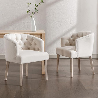 DUOMAY Modern Tufted Dining Chairs Set of 2, Linen Upholstered Side Chair, Comfy Accent Barrel Chair with Wood Legs for Home Kitchen Dining Room Living Room Restaurant, White