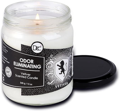 Vetiver Odor Eliminating Highly Fragranced Candle - Eliminates 95% of Pet, Smoke, Food, and Other Smells Quickly - Up to 80 Hour Burn time - 12 Ounce Premium Soy Blend