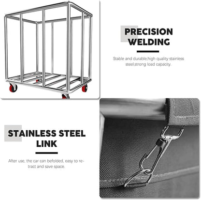 Commercial Laundry Cart with Wheels, 11.35 Bushel Large Laundry Tumbler with Removable Waterproof Canvas Lined Basket, Heavy Duty Stainless Steel Laundry Basket for Hotels and Hospitals