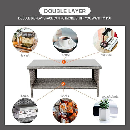 Rattaner Patio Coffee Table Outdoor Furniture Wicker Table 2-Layer Storage with Tempered Glass and Furniture Cover, Grey