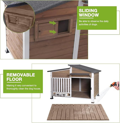 Dog House Outdoor for Large Breed with Anti-Chewing Iron Frame, Weatherproof Puppy Kennel with 360° Rotating Bowls, Dog Crate for Small & Medium Dogs Outside (Light Brown)