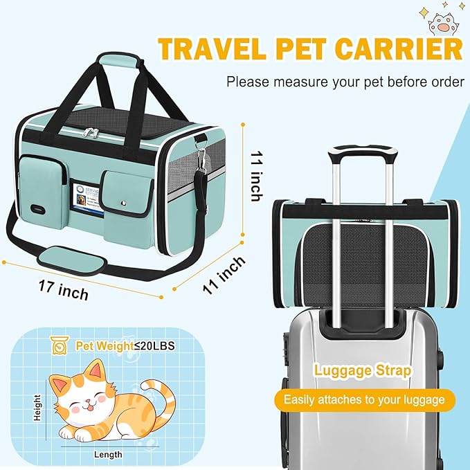 HUANLANG Soft-Sided Cat Carrier Airline Approved,Dog Carriers for Small Dogs Medium Cats,Pet Travel Carrier Up to 15 Lbs,Collapsible Cat Bag