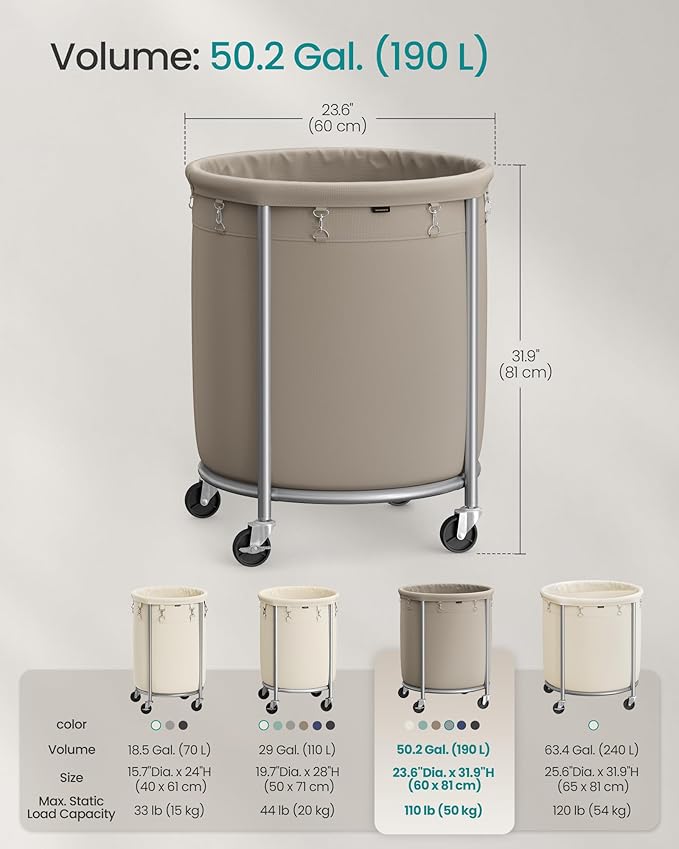 SONGMICS 50.2-Gallon (190 L) Laundry Basket with Wheels, Rolling Round Heavy-Duty Laundry Hamper Cart with Steel Frame and Removable Bag, 2 Locking Wheels, Camel Brown and Metallic Silver URLS001N01