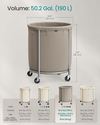 SONGMICS 50.2-Gallon (190 L) Laundry Basket with Wheels, Rolling Round Heavy-Duty Laundry Hamper Cart with Steel Frame and Removable Bag, 2 Locking Wheels, Camel Brown and Metallic Silver URLS001N01