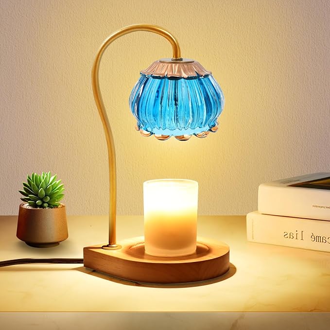 Candle Warmer Lamp with Timer, Dimmable Candle Warmer Lantern Light, Electric Glass Shade Jar Candle Warming Holders for Home Decoration Gift for Women, Bright Blue