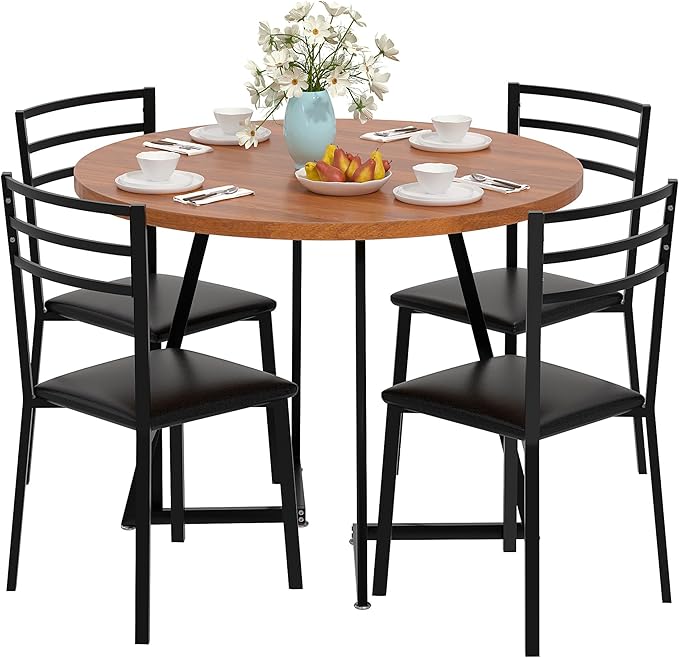 VECELO 35” Round Dining Table Set with 4 Cushioned Padded Chairs for Kitchen, Breakfast Nook, or Living Room, Wood-Grain Tabletop & Heavy-Duty Steel Frame, Easy Assembly, Walnut