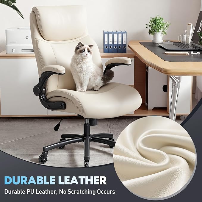 Ergonomic High-Back Executive Office Chairs, Heavy Duty Home Computer Chair with Lumbar Support, Flip-Up Arms, and PU Leather Upholstery, Beige