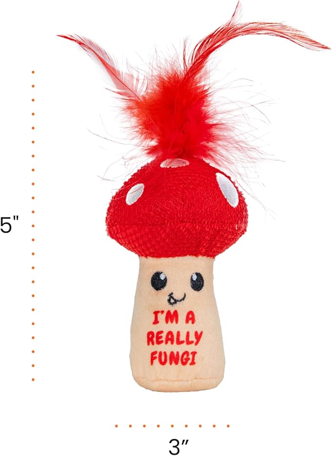 Catstages A Really Fungi Cat Kicker Toy with Catnip and Dental Mesh, Mushroom Shape, Plush and Feather Cat Toy for Kicking, Tossing, and Teeth Cleaning, Red
