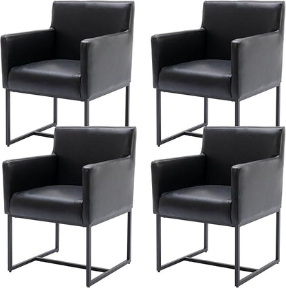 Set of 4 Upholstered Dining Chairs with Armrest, PU Leather Modern Accent Armchairs, Kitchen & Dining Room Chairs Side Chairs, Black