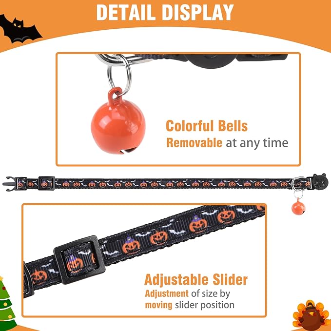 PUPTECK Thanksgiving Cat Collar with Bell 6 Packs Breakaway for Fall Halloween - Autumn Soft Adjustable Kitten Kitty Collars for Small Pet Puppy Bunny Christmas with Safety Release Buckle