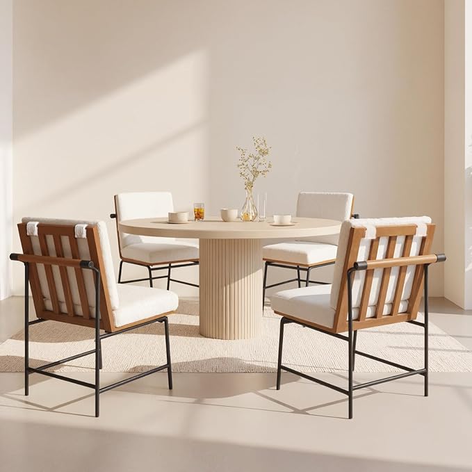 Modern Dining Chairs Set of 4, Comfy Sherpa Fabric Armless Upholstered Side Chairs with Wooden Backrest Black Metal Legs for Dining Room Living Room, White
