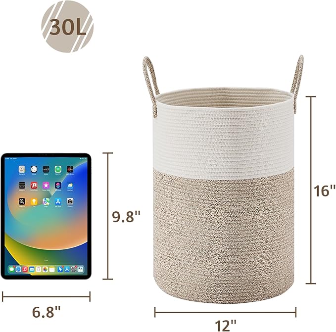 VIPOSCO Tall Laundry Hamper, Woven Rope Storage Basket for Blanket, Toys, Dirty Clothes in Living Room, Bathroom, Bedroom - 30L White & Brown