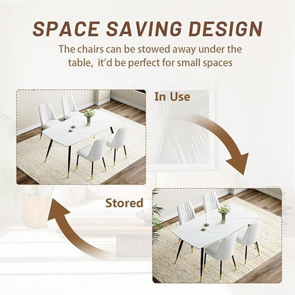 White Dining Table Set for 4, 62'' Dining Table Set for 4, Sintered Stone Dining Room Sets for 4, Easy to Assemble
