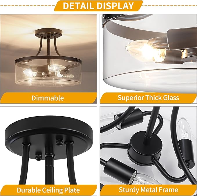 11.81" Black Semi Flush Mount Ceiling Light, Modern Glass Light Fixture, Industrial Hallway Light, 3-Light Close to Ceiling Light Fixtures for Entryway Bedroom Kitchen Laundry Dining Room, UL Listed