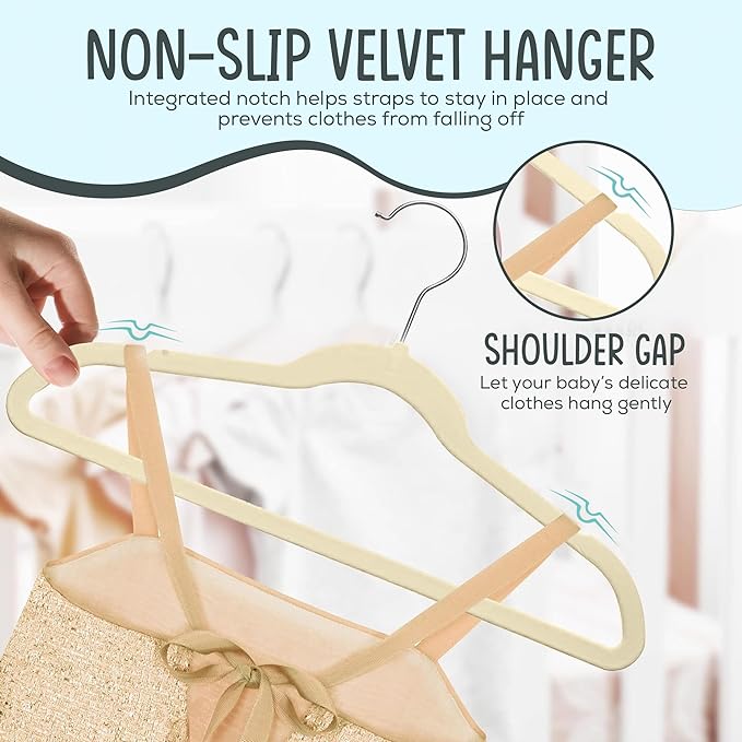 25 Premium Kids Velvet Hangers - 14" Non-Slip Clothes Hangers for Kids & Preteens - Ultra Slim, Space-Saving, Strong & Durable Hangers with 360° Swivel Hook - Beige
