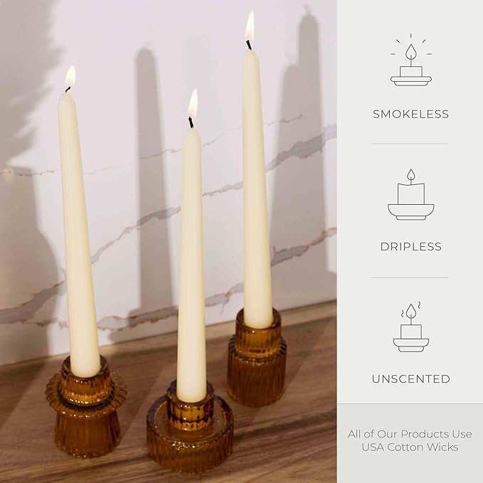 Bask 10-inch Taper Candles - Unscented and Dripless - Burns for 8 Hours - Home Decor for Dinner Table, Kitchen, and Bedroom - Perfect for a Romantic Date or Anniversary - 30-Pack - Ivory