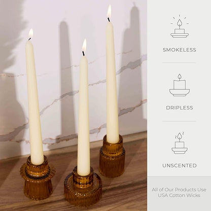 Bask 10-inch Taper Candles - Unscented and Dripless - Burns for 8 Hours - Home Decor for Dinner Table, Kitchen, and Bedroom - Perfect for a Romantic Date or Anniversary - 30-Pack - Ivory
