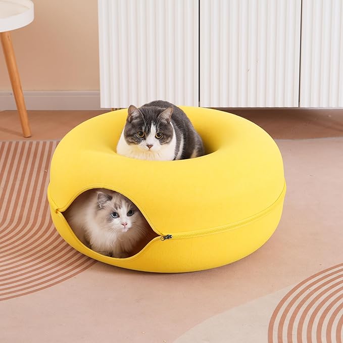 Large Cat Tunnel Bed for Indoor Cats with 3 Toys, Scratch Resistant Donut Cat Bed, Up to 30 Lbs (L 24x24x11, Yellow)