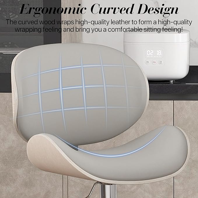 Adjustable Swivel Bar Stools Set of 2, Modern Bentwood Barstool with Large Metal Base and Footrest, PU Leather Upholstered Bar Chair with Curved Back for Kitchen Island Dining Room, Gray