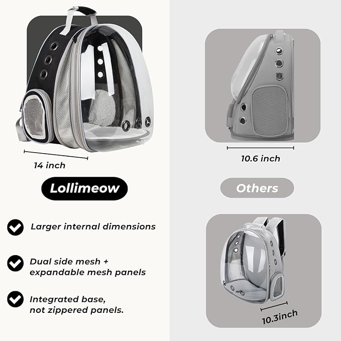 Lollimeow Cat Carrier Backpack, Bubble Expandable Backpack Carrier, Pets and Small Dogs,Airline-Approved, Designed for Travel, Hiking, Walking & Outdoor Use (Front Expandable-Black)