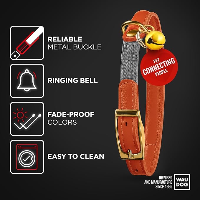 WAUDOG Ultra Soft Rolled Leather Cat Collar with Removable Bell, Safety Elastic Strap and QR ID Tag - Soft Padded for Small, Medium, and Large Cats - Round Kitten Collar for Male and Female Cats