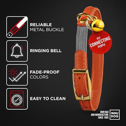 WAUDOG Ultra Soft Rolled Leather Cat Collar with Removable Bell, Safety Elastic Strap and QR ID Tag - Soft Padded for Small, Medium, and Large Cats - Round Kitten Collar for Male and Female Cats